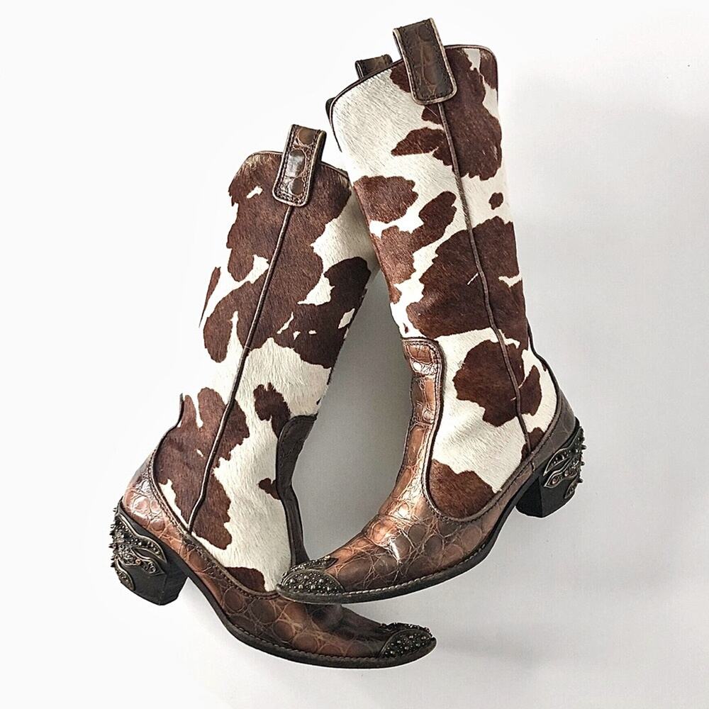 Giuseppe Zanotti Crystals Cow Print Pull On Western Cowgirl Heeled Boots 7 - Picture 2 of 10